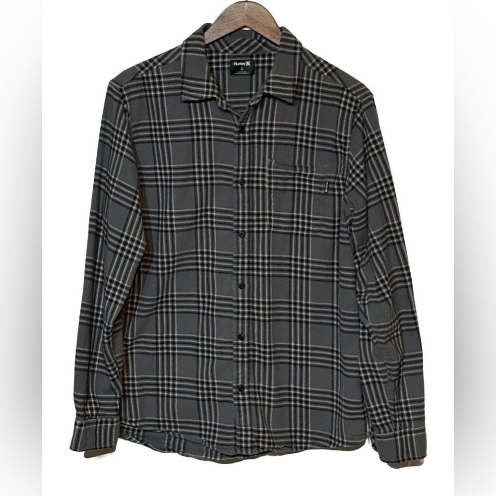 Hurley Organic Cotton Flannel 👕 Gray/Black/White Plaid Men’s L